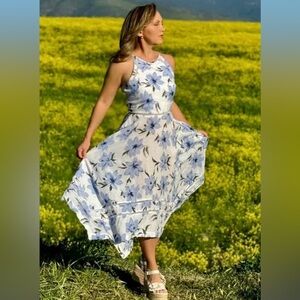 Nordstrom White Maxi Dress with Blue Floral Print Small
